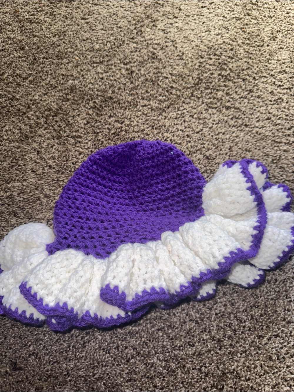 Crocheted Kids Sun Hat in Purple and White with Ruffle Trim